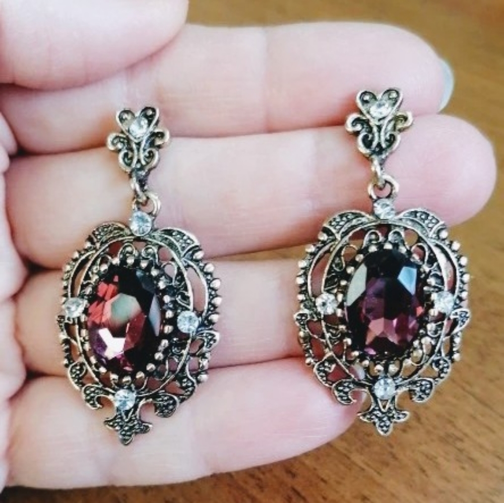 Amber Amethyst Vintage Style Gemstone Crystal Earrings